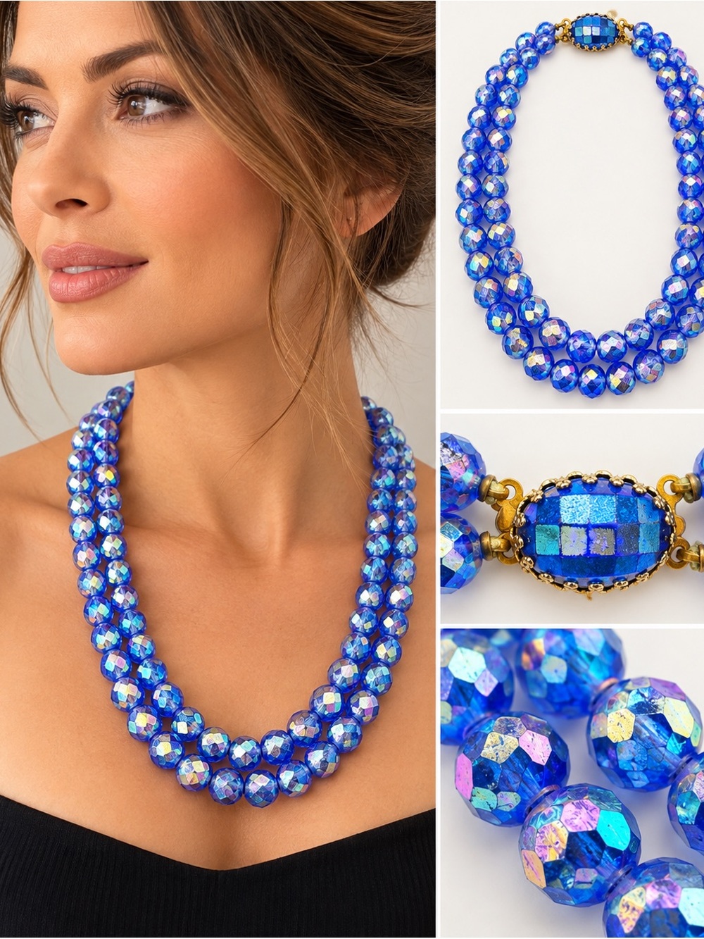 Vintage Czech-Style Blue Aurora Borealis Faceted Glass Bead Necklace 18”